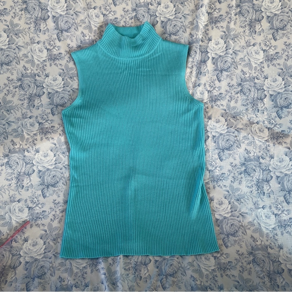 Vintage Y2K Medium Ribbed Knit Teal Turtleneck Sweater Sleeveless Dana Buchman - Picture 6 of 9